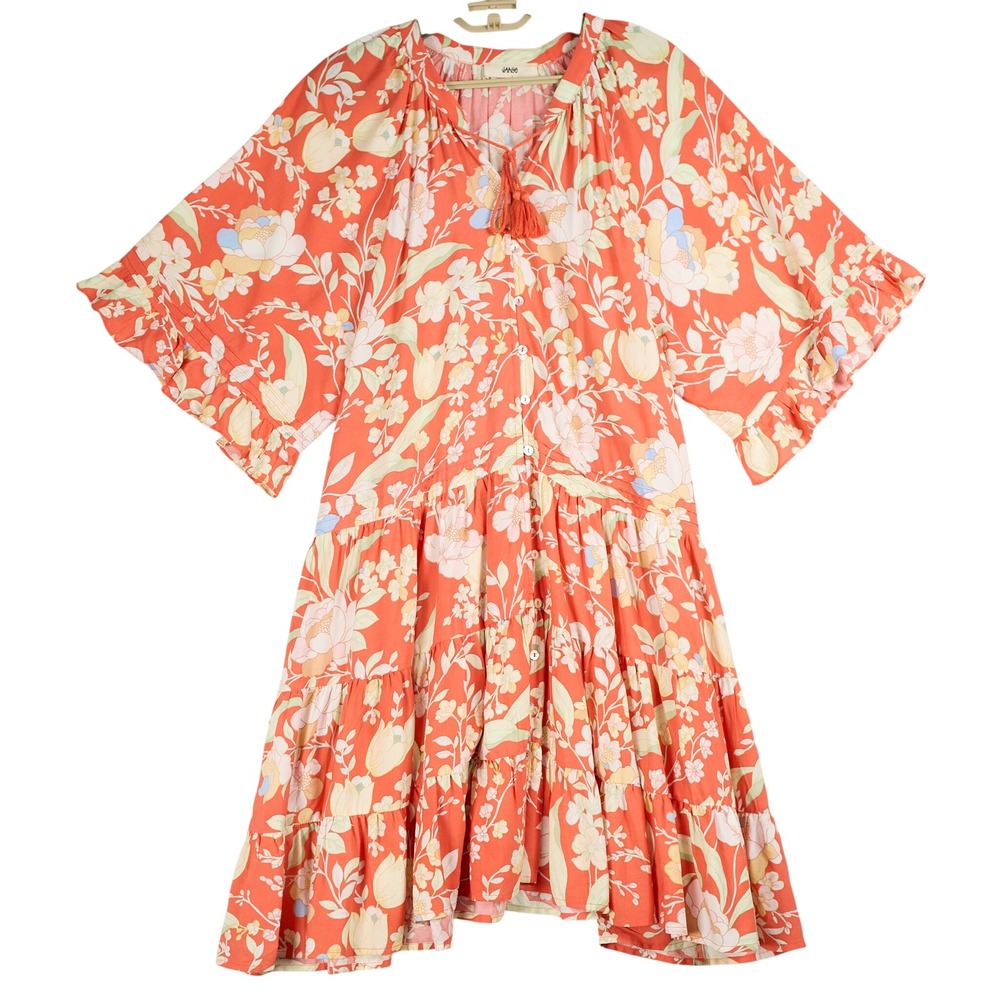 Jaase Coral Floral Tiered Mini Dress Womens XS Boho Tassel Button Front Flutter - Picture 1 of 9